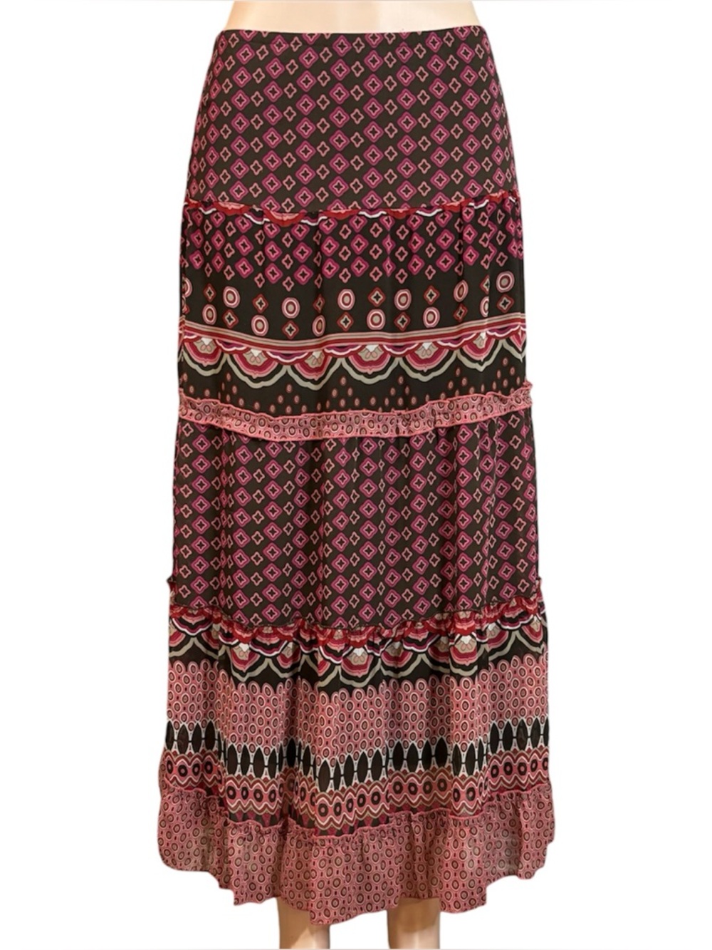 Vintage Y2K Maxi Skirt Tiered A Line Sz S Pink Brown Bohemian Gypsy Festival